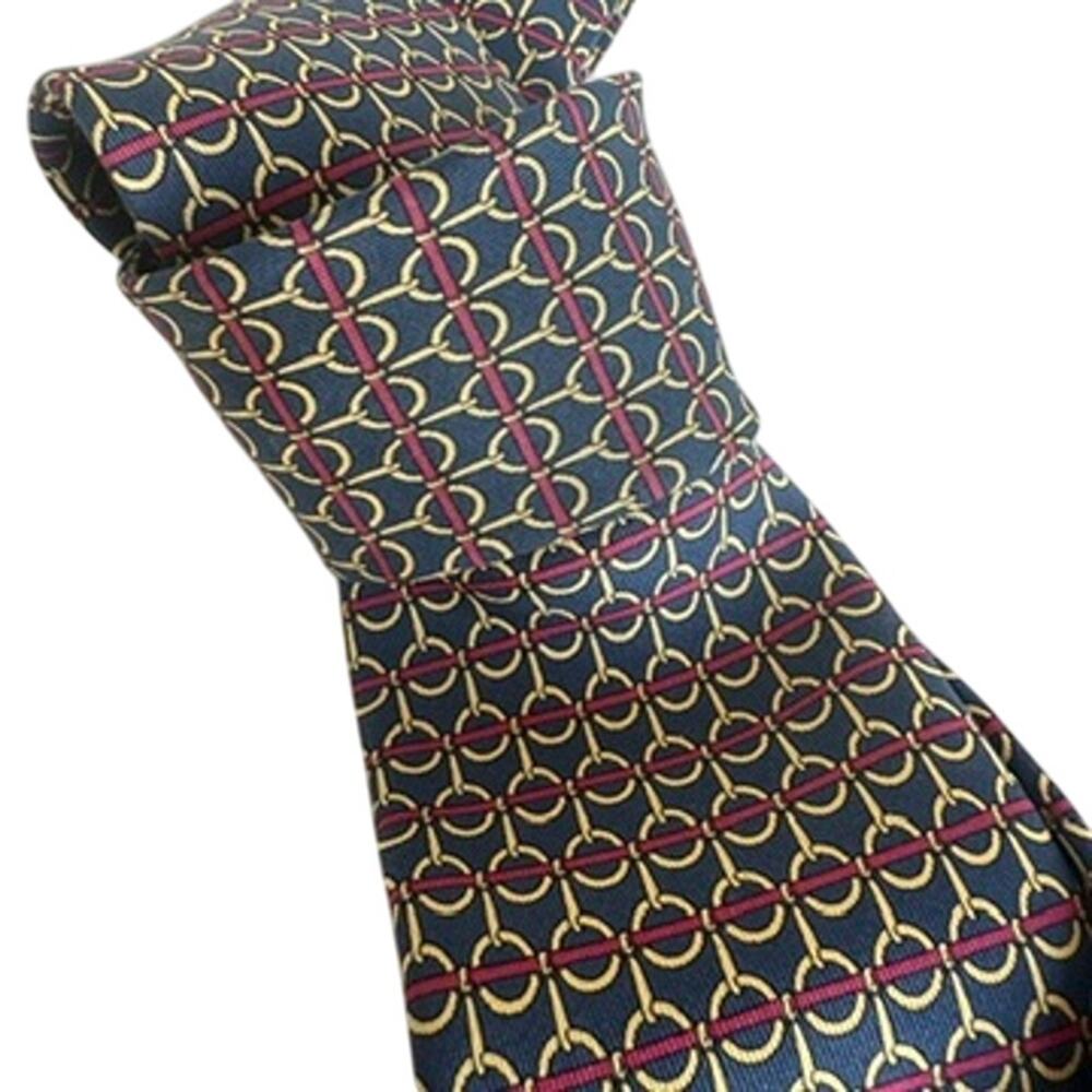 HERMÈS Paris Silk Tie Navy Geometric Horsebit Print 7156 FA Made‎ in France